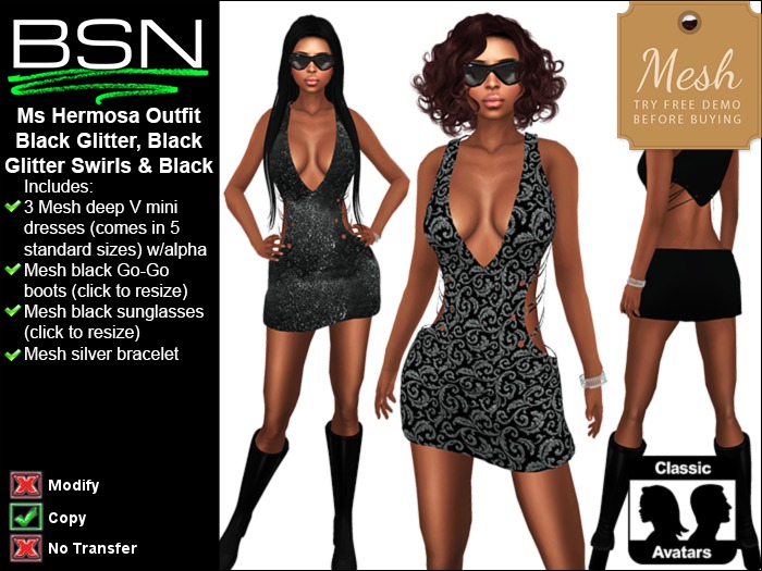 BSN Ms Hermosa Outfit - Black Glitter, Glitter Swirls & Black