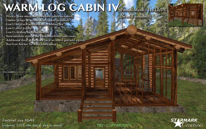 WARM LOG CABIN IV! MORE NICE WINDOWS/LOW LI/PE DEER TROPHY/FIREPLACE and MORE! from STARMARK CREATIONS *** PROMO ***