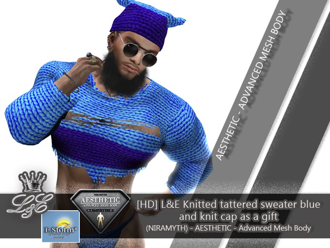 [HD] L&E Knitted tattered sweater and knit cap as a gift (blue)