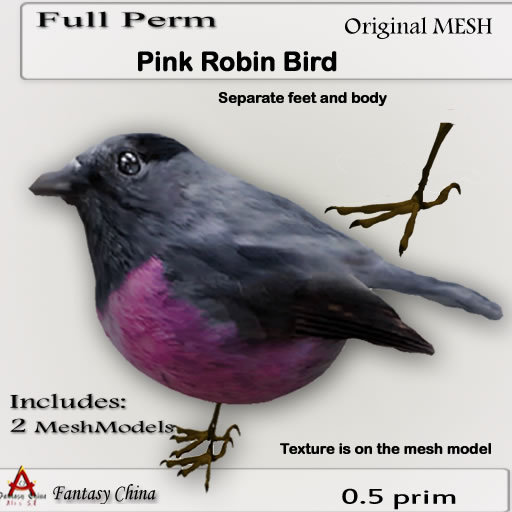 Fantasy China Mesh Pink Robin Bird 0.5  prim each part, Full perm