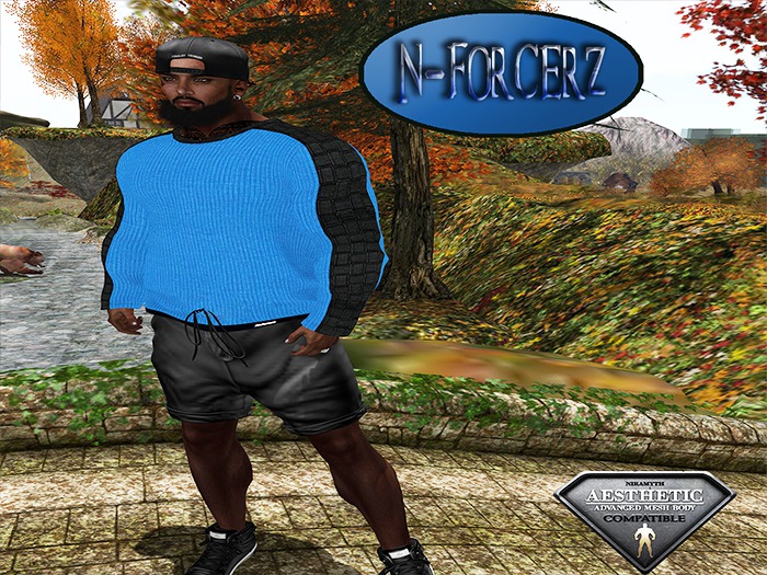 [[[N::Forcerz]]] - Styled Down Blue Ribbed Sweater/Blk Leather