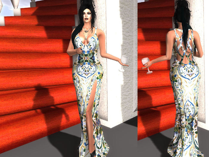 Long Gown - White - Blue Green Patterns