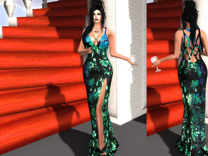 Long Gown - Green - Blue Sequin
