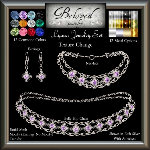 Beloved Jewelry : Lynna Set (Texture Change) 3 Piece Set : Earrings, Necklace, Belly Hip Chain, Amethyst, Ruby, Emerald