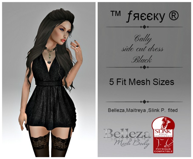 Cally - side cut dress - BLACK - Fit Mesh -Belleza,Maitreya,Slink P. (tm) Freeky
