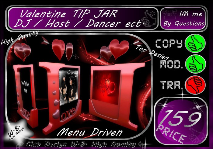 Second Life Marketplace - Tip jar Happy Valentine/s Day * MENU DRIVEN ...