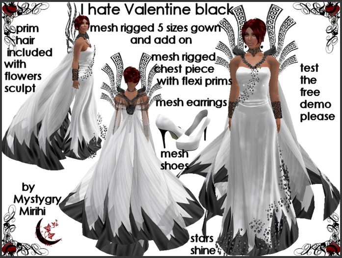 I hate Valentine mesh gown white black with prims hair , ideal for formal occasion