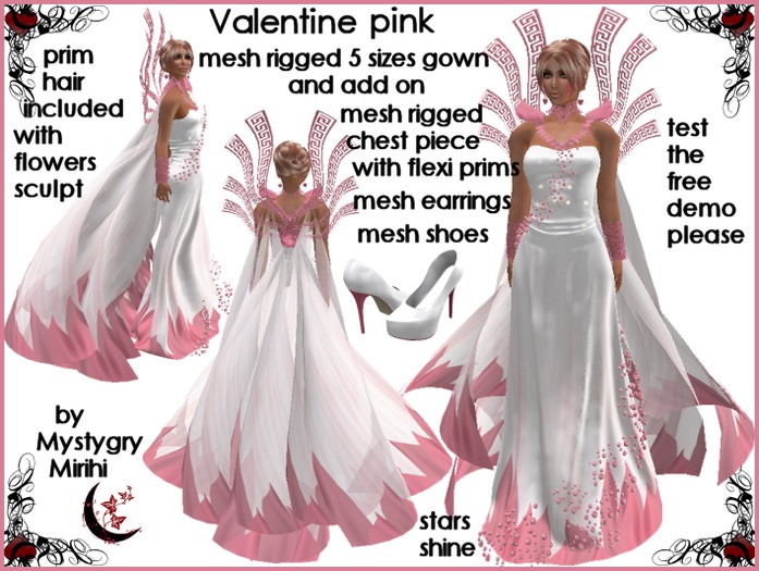 Valentine mesh gown white pink with strawberry color prims hair , ideal for valentine's day or formal occasion , wedding