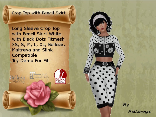 Long Sleeve Crop Top with Pencil Skirt White with Black Dots 