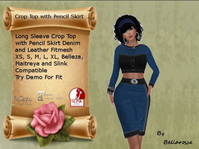 Long Sleeve Crop Top with Pencil Skirt Denim and Leather 