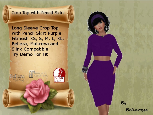 Long Sleeve Crop Top with Pencil Skirt Purple