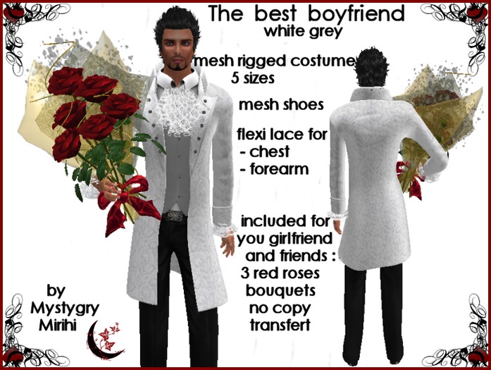Best boyfriend mesh costume white grey , red roses bouquet  , ideal for valentine's day 