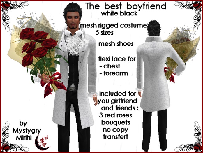 Best boyfriend mesh costume white black ,red roses bouquet gift  , ideal for valentine's day or formal occasion