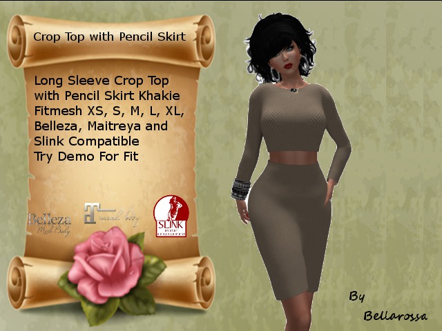Long Sleeve Crop Top with Pencil Skirt Khakie