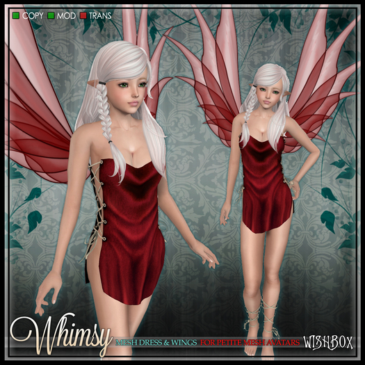 [Wishbox] Whimsy (Petites) - Red Mesh Fairy Dress and Wings for Petite Mesh Avatars