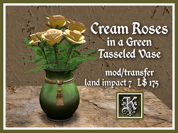 *K* Cream Roses in a Green Tasseled Vase (mesh)(boxed)