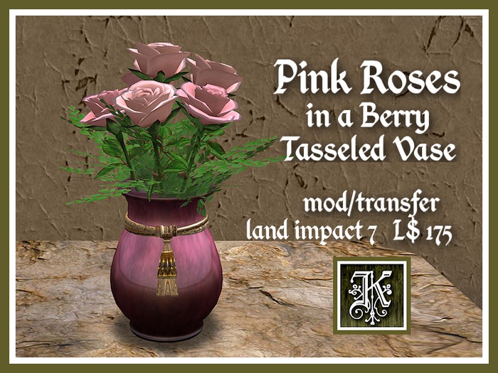 *Kismet* Pink Roses in a Berry Tasseled Vase