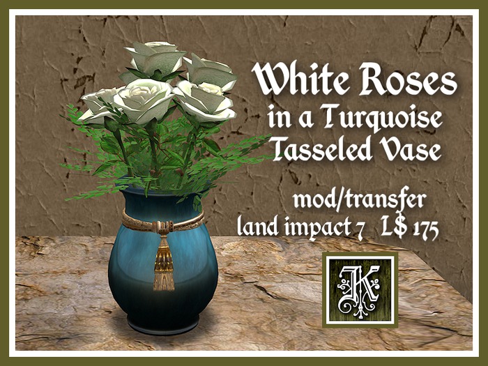 *K* White Roses in a Turquoise Tasseled Vase (mesh)(boxed)
