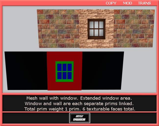 Windowed Wall 1 Prim Full Perm- Boxed