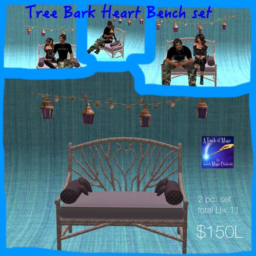 tree bark love heart bench with string lights