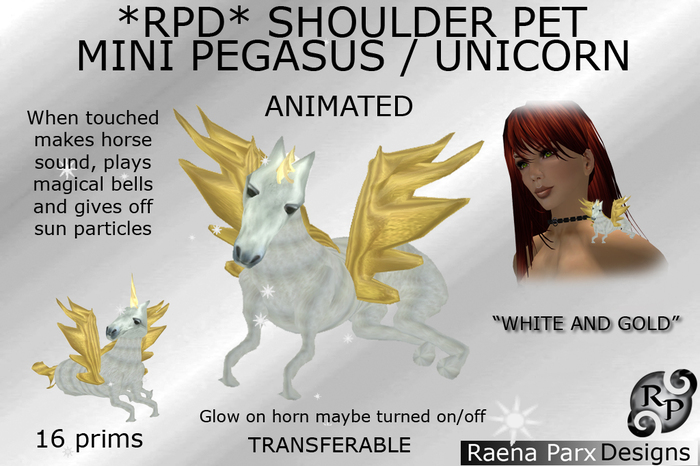 SCULPT ANIMATED SHOULDER PET -  PEGASUS UNICORN - "WHITE AND GOLD" - *RPD*
