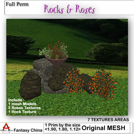 Fantasy China Mesh Rocks & Roses   FULL PERM 1 prim