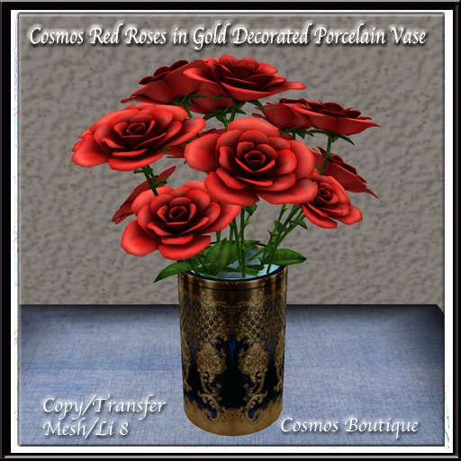 Cosmos Red Roses in Gold Decorated Porcelain Vase (Mesh) BOX