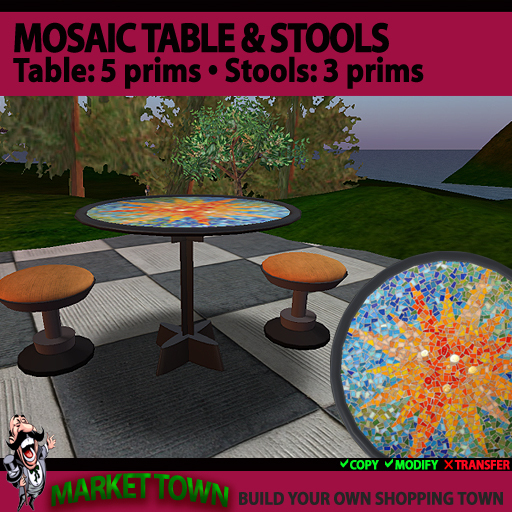 Mosaic Cafe Table & 2 Stools.