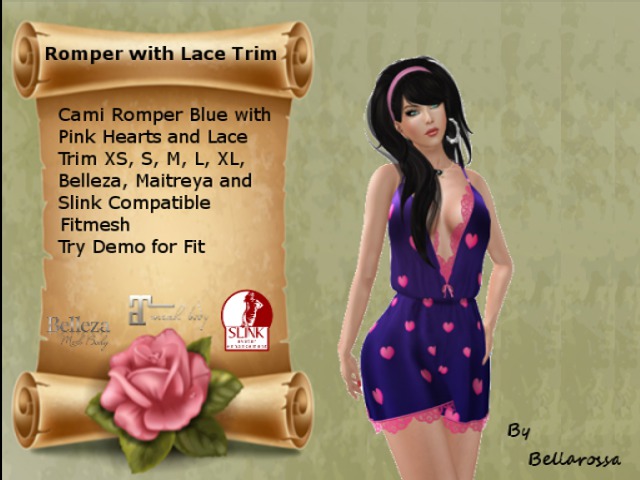Romper Blue with Pink Hearts and Lace Trim Fitmesh 