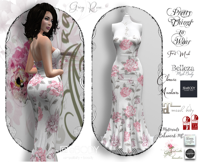 .::Pretty Peony::. Single Gown 'Grey Rose' - with Studded Pumps Mesh Body Versions and Resizer