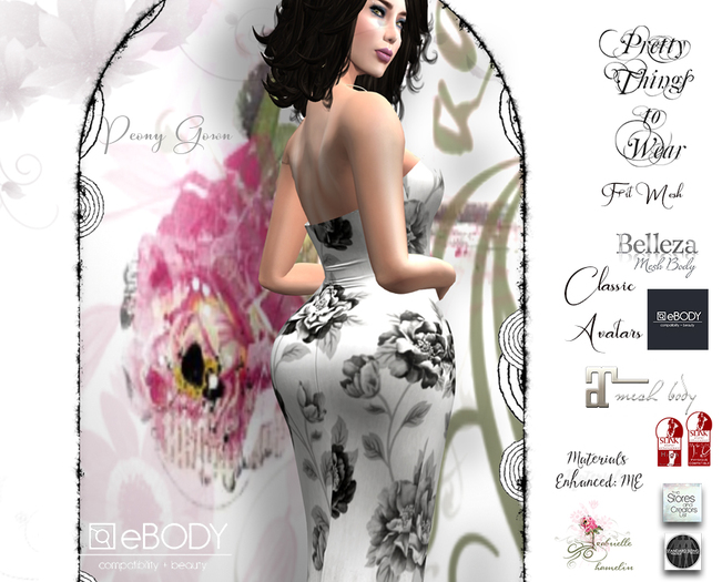 .::Pretty Peony::. Single Gown 'Black & White' - with Studded Pumps Mesh Body Versions and Resizer.