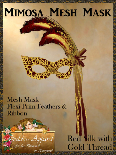 *Goddess* Mimosa Mesh Mask Red Gold Feathers