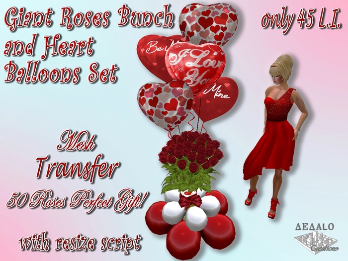 Giant Roses Bunch and Hearts Balloons Set  - Mesh * Valentine's Day Promo Price *