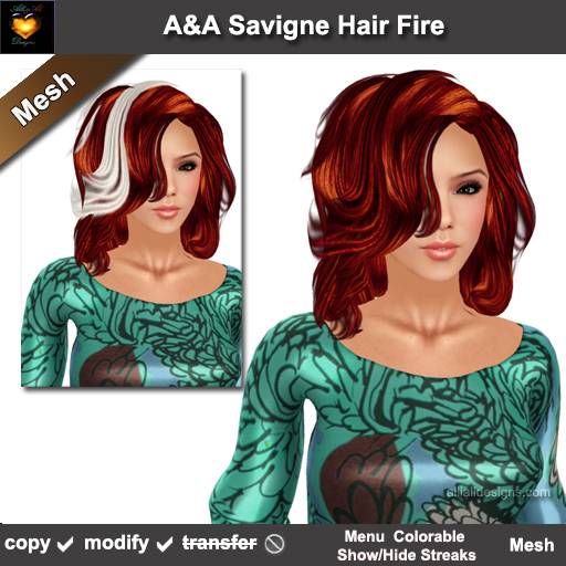 A&A Savigne Hair Fire (Special Color). Resizable mesh medium length womens hairstyle with colorable streaks. Promo!