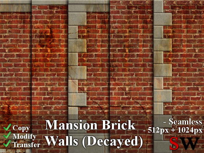 -SW- Seamless Mansion Brick Walls (Decayed) Texture Pack -512/1