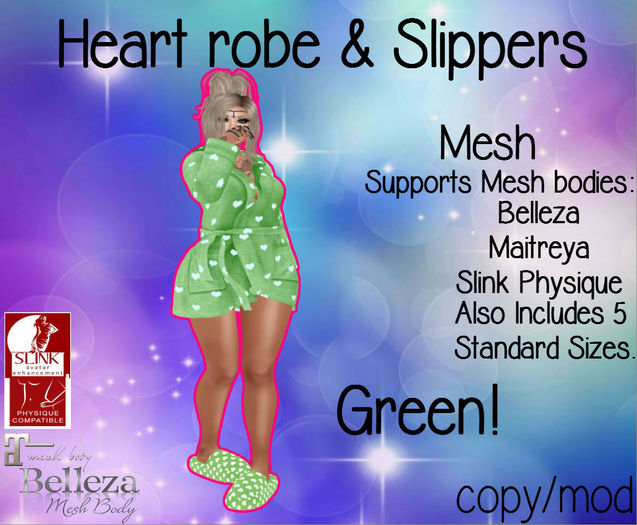 .:OMG:.Heart Robe & Slippers. Green