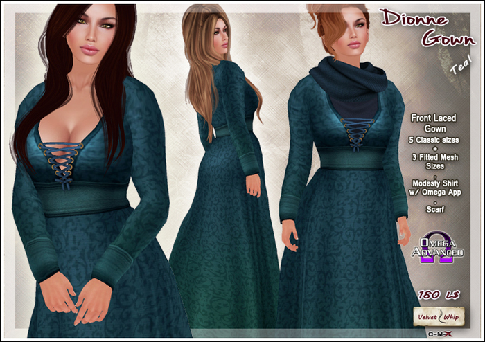 [V/W] Dionne Gown Teal - Medieval fantasy lady dress in 5 classic + 3 fitted mesh sizes, w/ omega appliers