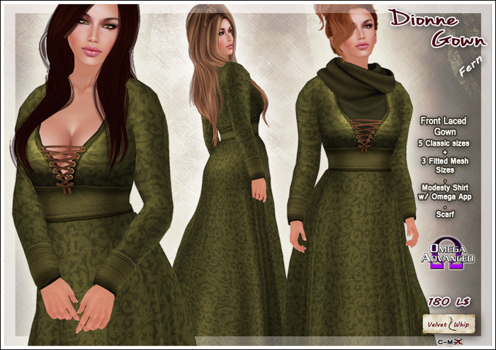 [V/W] Dionne Gown Fern Green - Medieval fantasy lady dress in 5 classic + 3 fitted mesh sizes, w/ omega appliers