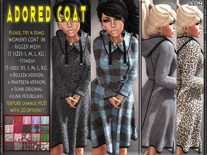 [ADN] ADORED COAT (RIGGED FITTED BELLEZA MAITREYA lara HOURGLASS SLINK physique) + HUD WITH 20 TEXTURES !!!! 