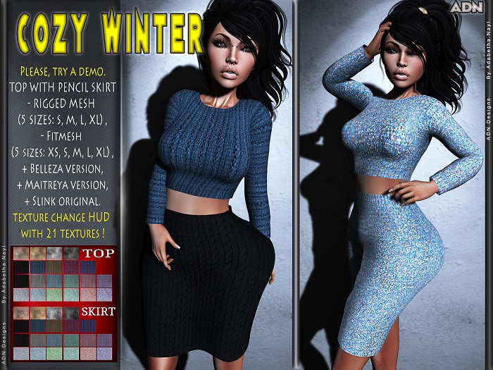 [ADN] Cozy Winter (RIGGED FITTED BELLEZA MAITREYA lara SLINK physique) + HUD WITH 21 TEXTURES !!!! 