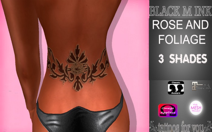 BLACK M INK TATTOO ROSE AND FOLIAGE
