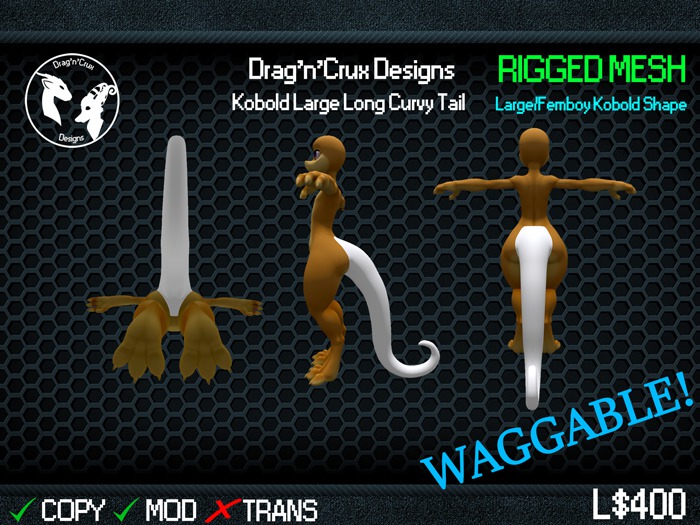 [D'n'C] Drag'n'Crux Designs - Kobold Large Long Curvy Tail [RIGGED MESH]