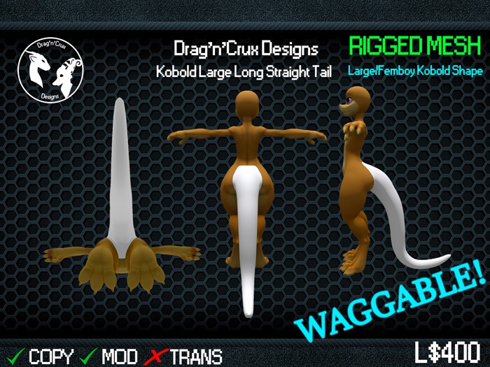 [D'n'C] Drag'n'Crux Designs - Kobold Large Long Straight Tail [RIGGED MESH]