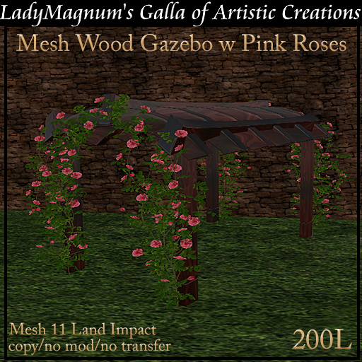 LadyM's Wood Gazebo w Pink Roses - Cherry