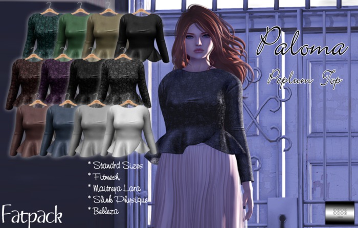 Paloma Peplum Top FatPack (classic avatar & mesh bodies) - even.flow
