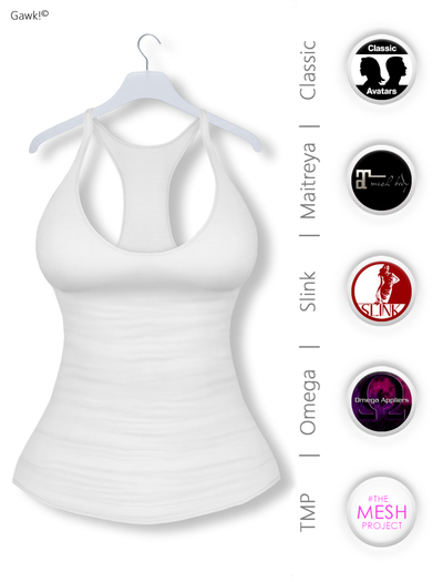 GAWK! White Basic Tank Top | BoM & Appliers for Maitreya, Slink Physique, TMP & Omega System