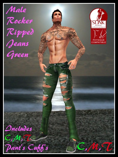 (LL) Men's Rocker Ripped Jeans Green (Slink)