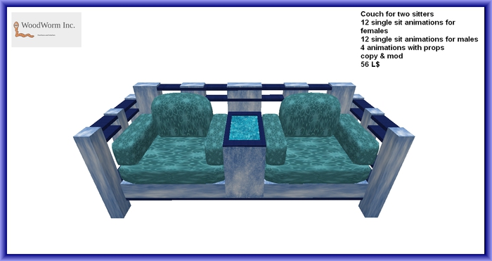 A modern couch with blue cushions