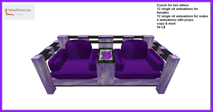 A modern couch with purple cushions