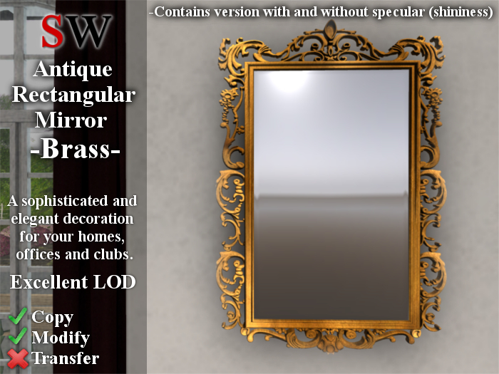 -SW- Antique Rectangular Mirror -Brass- 100% Mesh